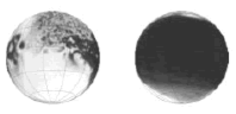 The light and dark sides of Iapetus are shown in a rendering based on Voyager data.